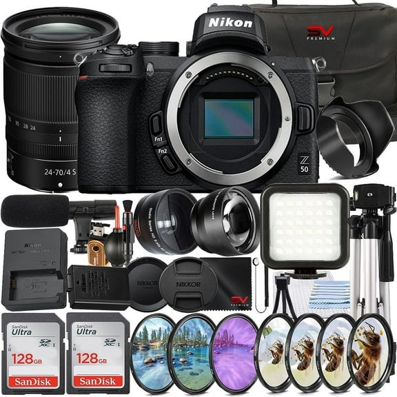 Nikon Z50 Mirrorless Camera with 24-70mm Lens   SanDisk 128GB Memory Card   Pistol Grip Tripod   SV Premium Accessory Bundle