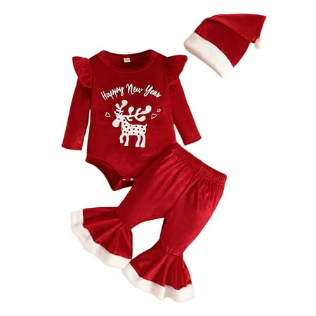 

Baby Girls Outfits Long Sleeve Christmas Deer Romper Bodysuit Bell Bottoms Pants Hat New Year Clothing Sets for Girls Size 3-6 Months