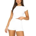 thumbnail image 2 of Women Summer Workout Set Short Sleeve Crew Neck Crop Tops T-shirt + Yoga Shorts Streetwear, 2 of 6