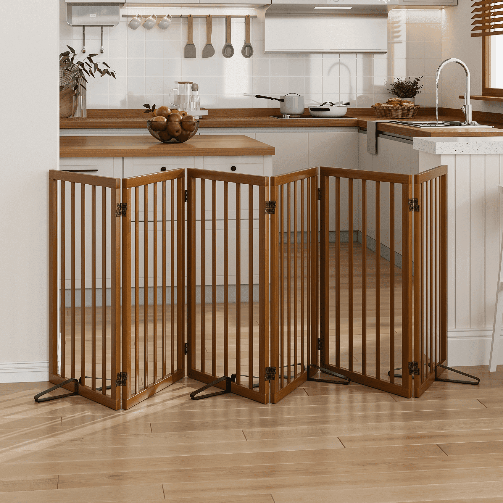 Smart FENDEE 6 Panel Foldable Bamboo Freestanding Pet Gate with Dog Gate and 4 Support Feet, Expands to 110 in Wide