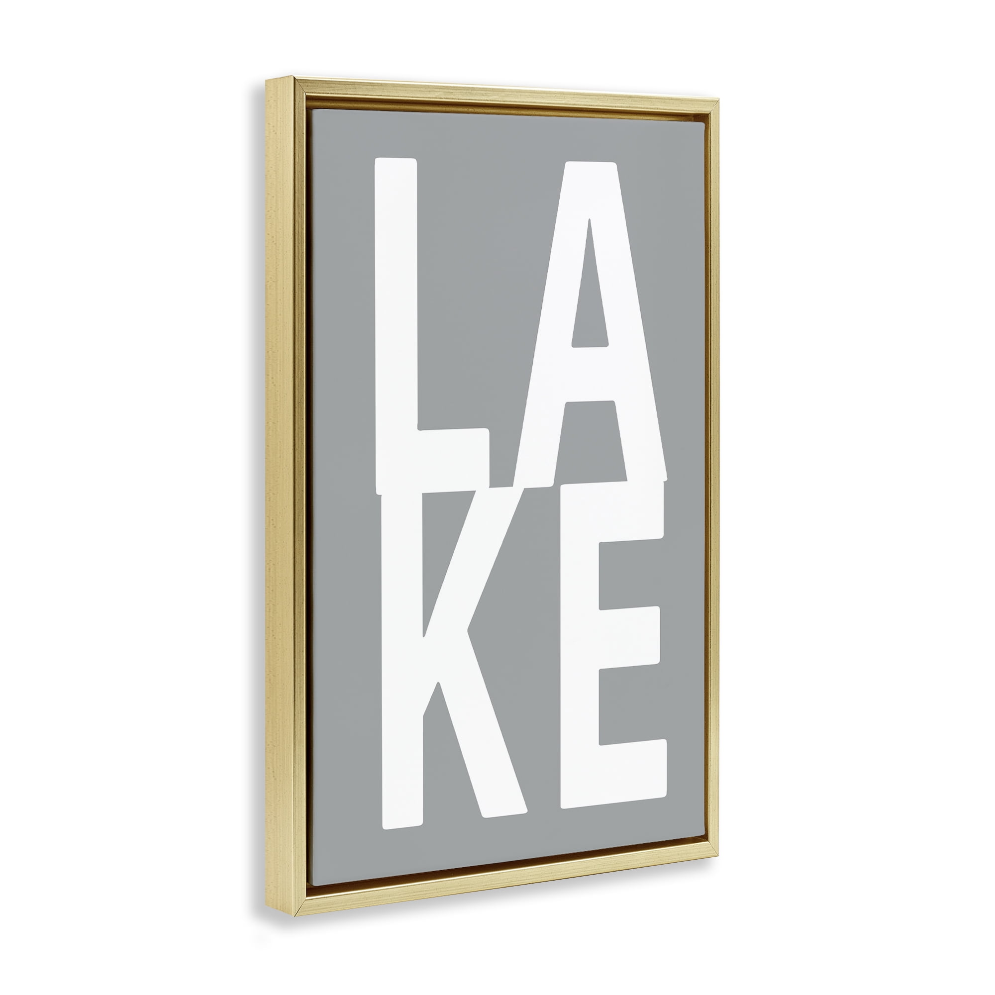 Stupell Industries Lake Word on Grey Typography Painting Gold Floater Framed Art Print Wall Art, 17 x 25
