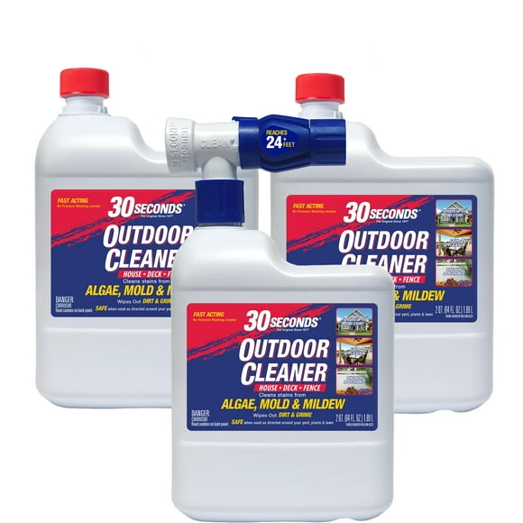 30 Seconds Outdoor Cleaner | Cleans Moss & Algae Stains from House, Vinyl Siding, Deck, Patio, Fence - 2 Capped Bottles, 1 Hose End Spray Attachment (64 Fl Oz (Pack of 3)