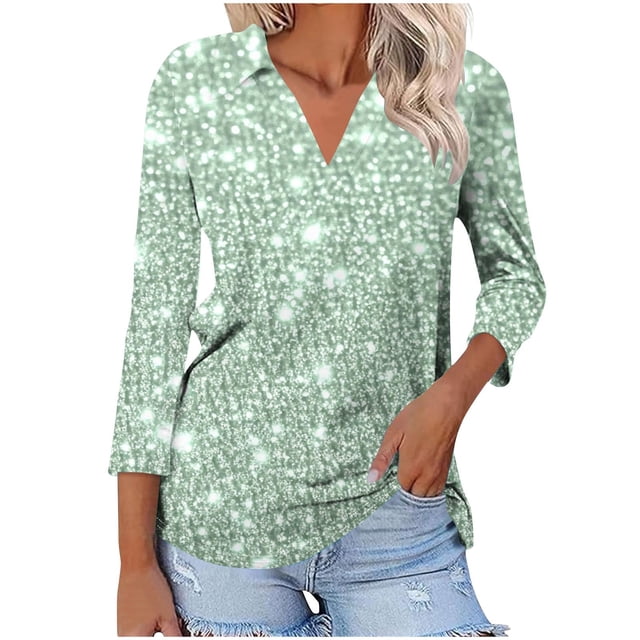 Camiseta de Solapa de Cuello en V de la Manga Superior de 3/4 de las Mujeres, Uso Diario Cómodo Casual