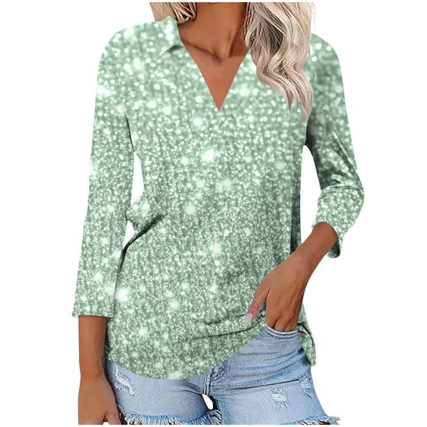 Camiseta de Solapa de Cuello en V de la Manga Superior de 3/4 de las Mujeres, Uso Diario Cómodo Casual