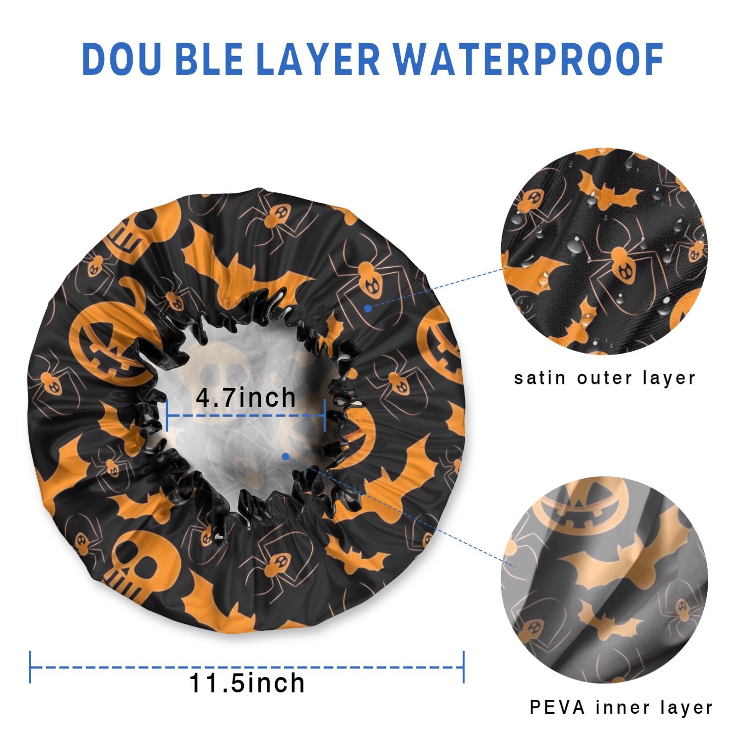 Shower Caps,Halloween Pumpkins Bats Spiders and Skulls Waterproof Shower Cap for Women 4 Pieces,Double Reusable Hair Cover for Shower PEVA Elastic Stretch Hem