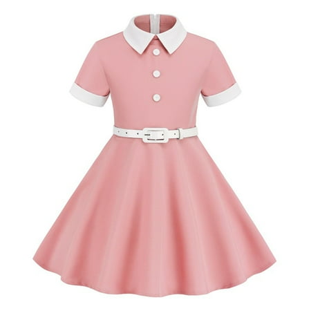 AJTQTH Sundress for Girls Kids Turndown Collar Short-Sleeved Tunic Gowns with Buckle Belt Solid Flowy Frocks Cotton Maxi Dress for Summer Casual Party School Pink 3 Years