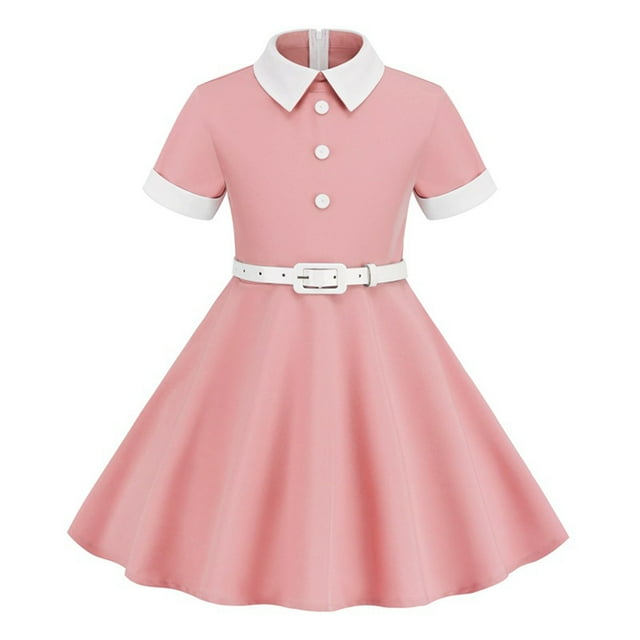 Birdeem Short Sleeve Round-Neck Dress Girls Summer Retro Waist Tie Color Button Short Sleeve Round Neck Dress