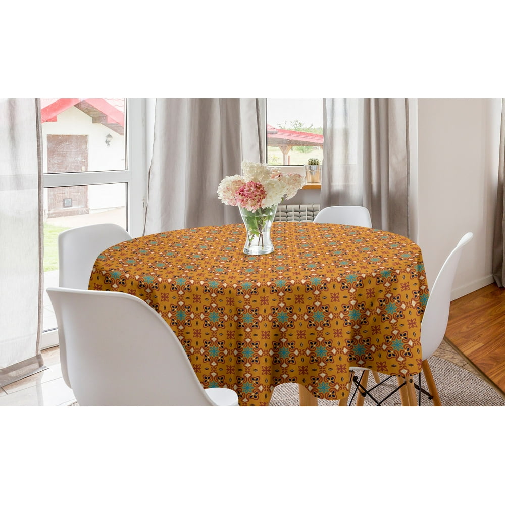 Floral Round Tablecloth, Portuguese Azulejo Style in Earth Tones