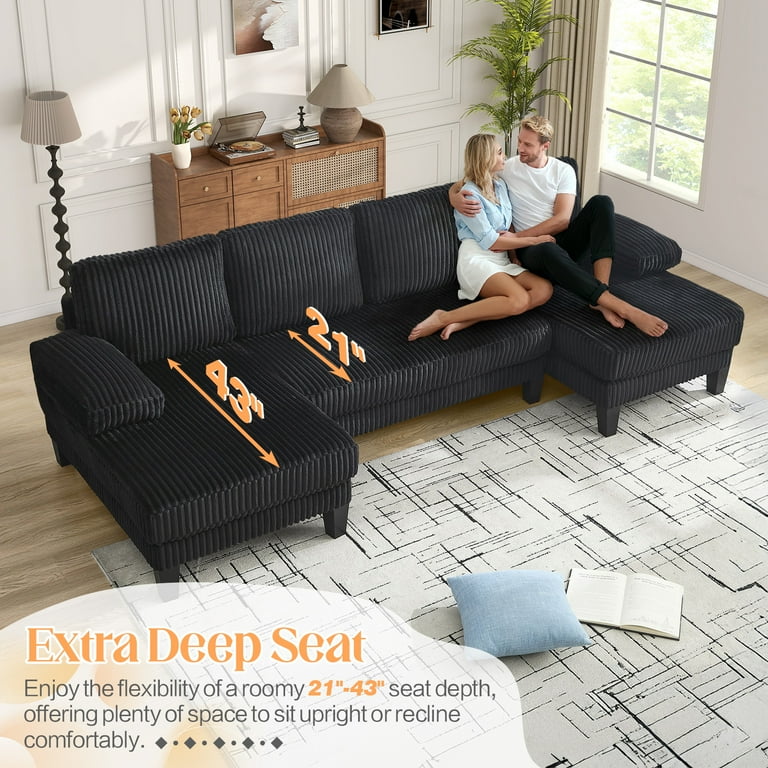 Sofa Set Seater Double Chaise Sofa FFH 114" U Shaped Couch, Oversized Sectional Sofa With Double Chaise,  Modular Cloud Couch Corduroy Seater Sofa Set For Living Room, Black 
