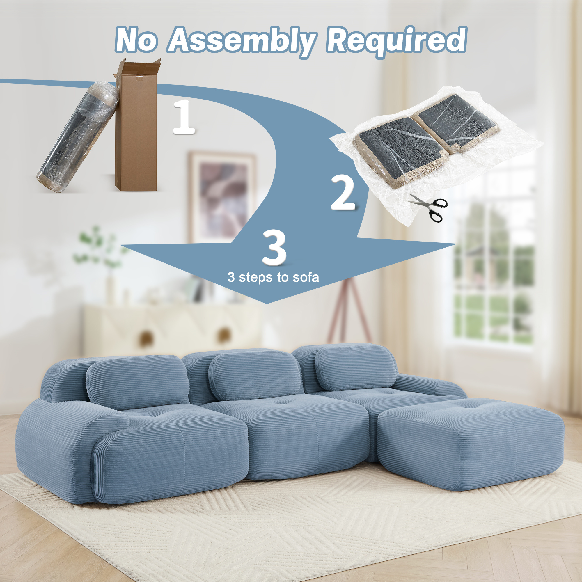 Aukfa 117" Modular Sectional Sofa Overstuffed Boneless Couch, 3Pillows, No Assembly, Corduroy, Blue