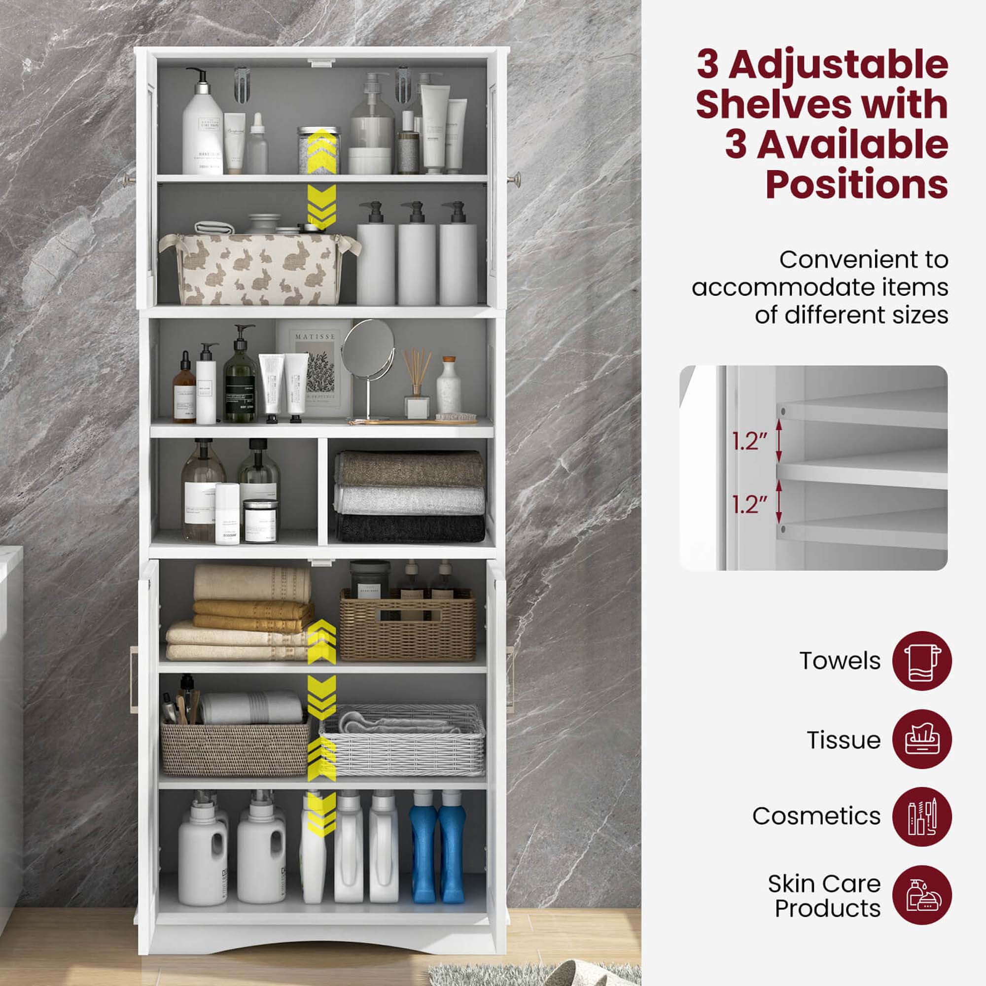Costway Tall Bathroom Cabinet Large Floor Storage Cabinet with Acrylic Doors & 3 Cube White