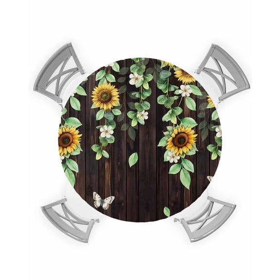 nqOlkjepod Sunflower Round Tablecloth, Fitted Table Cover with Elastic for 36"-44" Round Tables, Butterfly Flowers Green Leaf Brown Wood Grain Table Cloth Dinning Party Waterproof Tablecloths