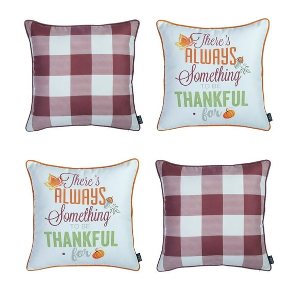 Decorative Fall Thanksgiving Throw Pillow Cover Set of 4 Plaid & Quote 18 in. x 18 in. Yellow & Orange Square for Couch, Bedding