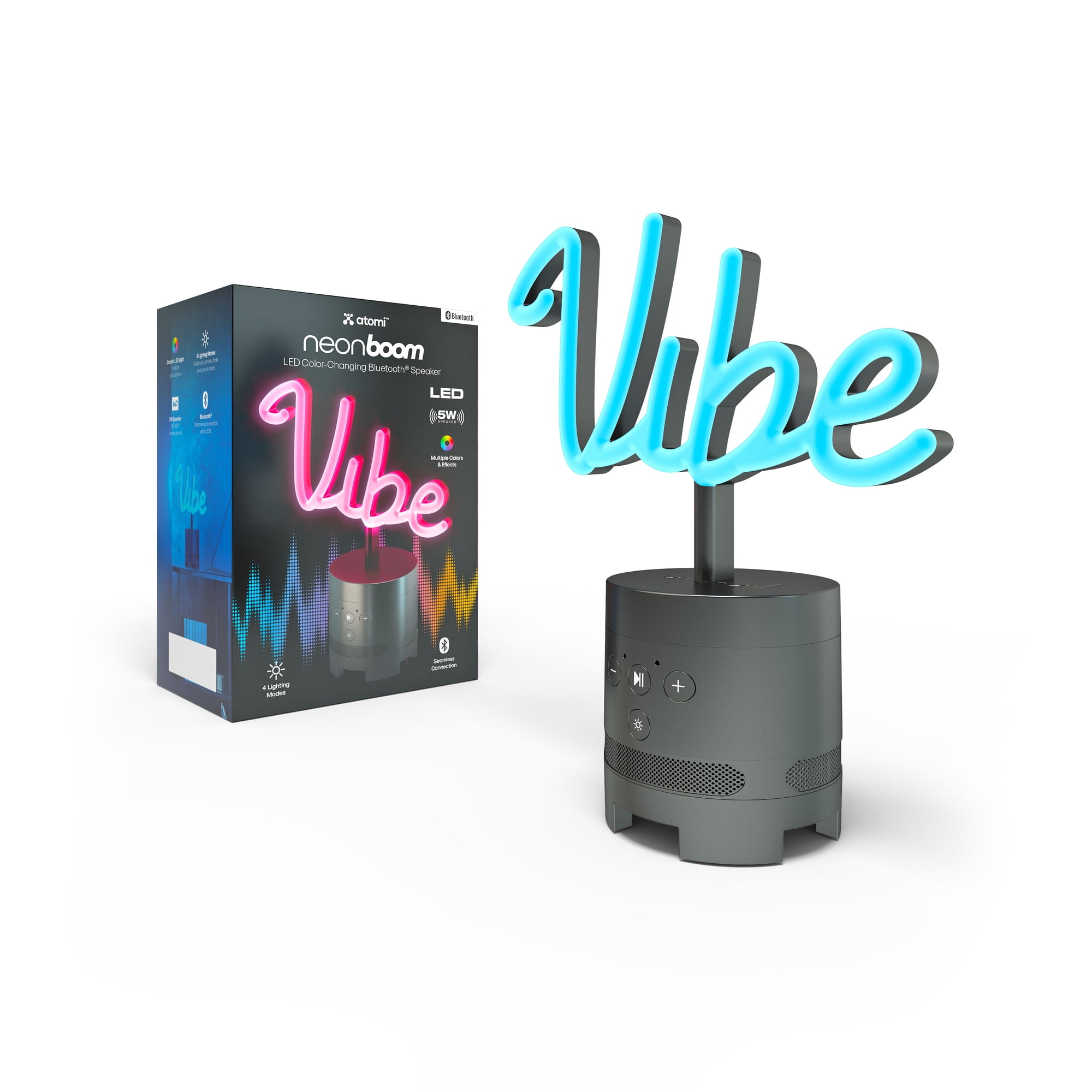 Atomi neonboom LED Color-Changing Vibe Neon with Bluetooth Speaker, Multiple Color Options and Lighting Modes, 5W Hi-Fi Bluetooth Speaker