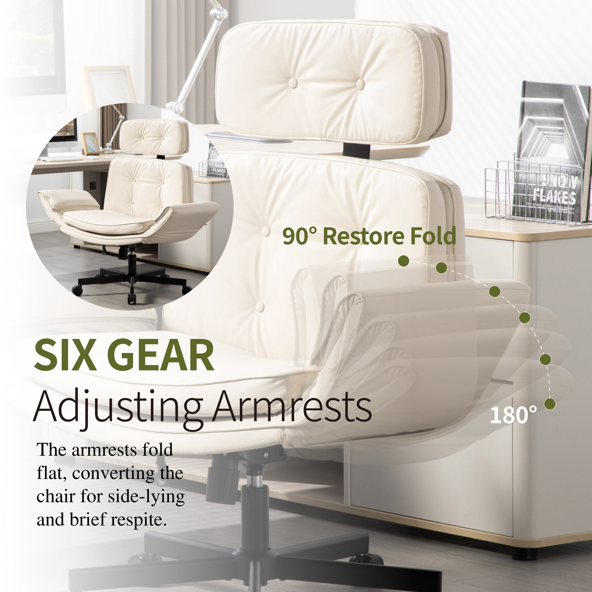 Mintazer Criss Cross Desk Chair with Armrests and Wheels, PU Leather Vanity Chair with Adjustable Swivel & Wide Seat, Office Chairs for Home Office, Make Up, Bedroom, Beige