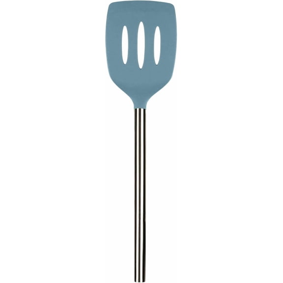 Tovolo Slotted Silicone Spatula Turner Slotted Stainless Steel Handle 10" Blue Slate Heat Resistant Non Toxic BPA Free Kitchen Utensil, Silicone Egg Pancake Flipper Metal Handle Turner for Cooking