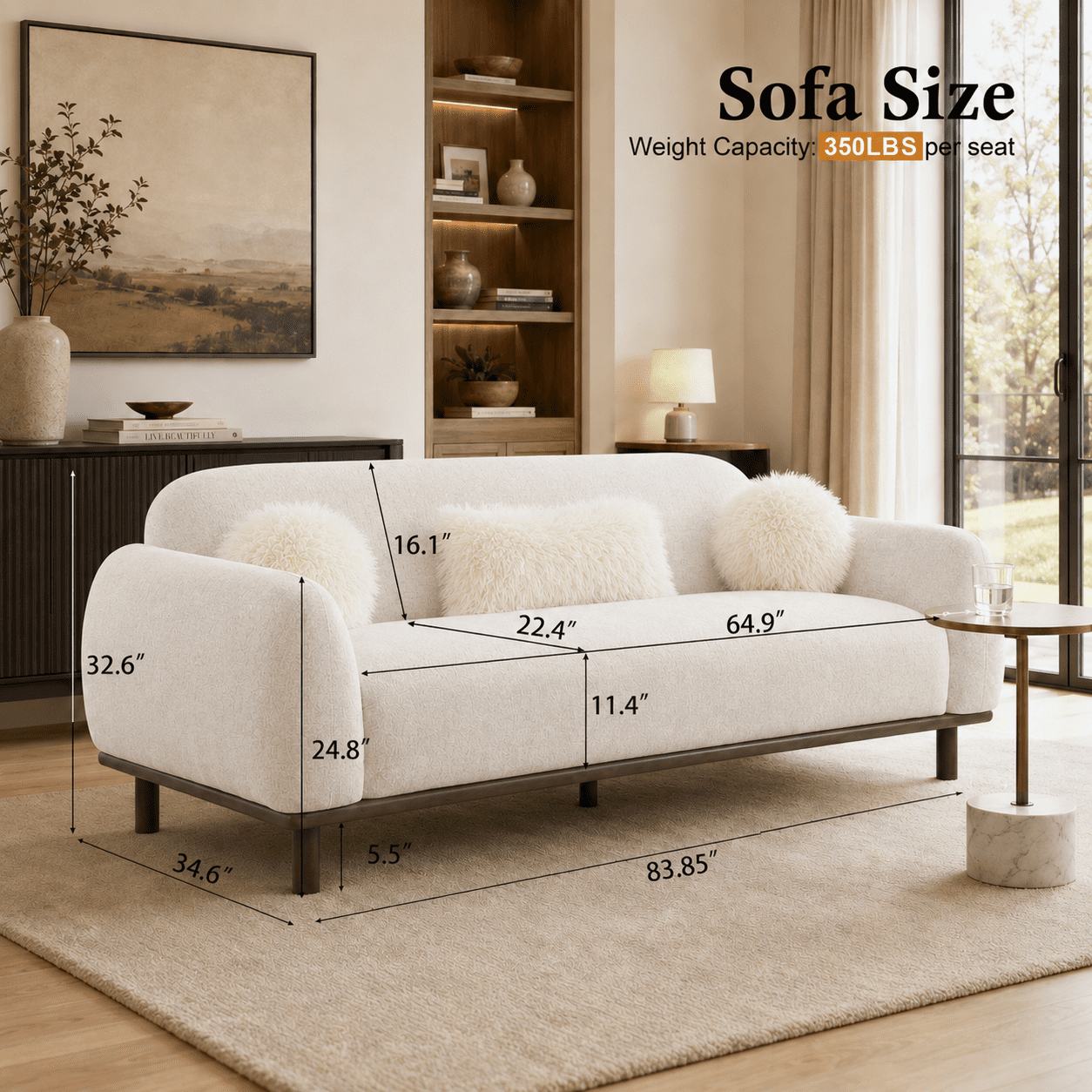 Aenkyo 84 Inch Modern Chenille Sofa, 3-Seater Deep Seat Couch with 3 Pillows, White