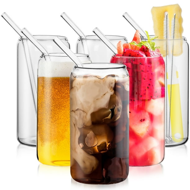 [ 6Pcs Set ] Drinking Glasses with Straw 16oz Can Shaped Glass Cups