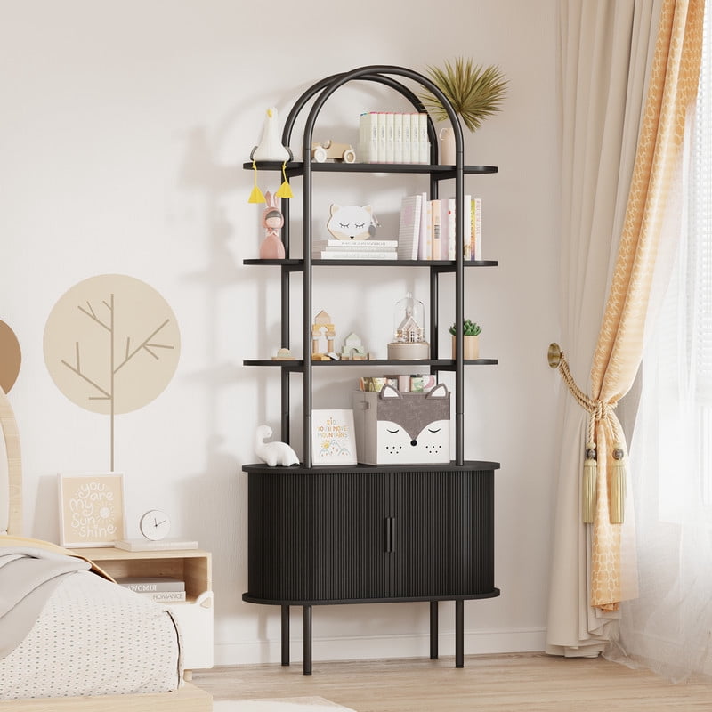 71" Tall Fluted Arched Bookshelf with Sliding Doors, Mid Century Modern Metal Curved Bookshelf Cabinet with Storage and Adjustable Footpad, 4-Tier Open Display Storage Shelf for Home, Living Room