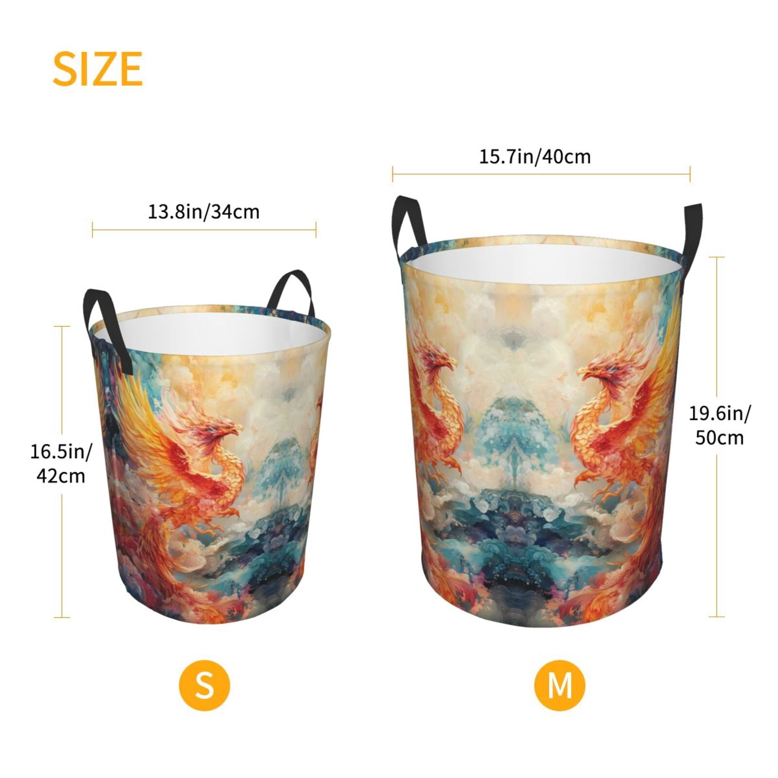 Large Laundry Basket with Handles - Golden Fiery Phoenix Kids Baby Dirty Clothes Laundry Hamper for Bedroom Aesthetic