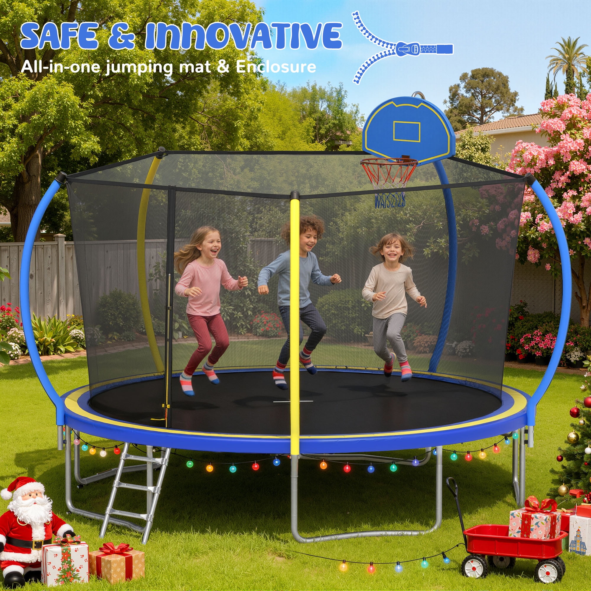12FT Trampoline for Kids - Seizeen Round Trampoline W/ Enclosure Net & Hoop, Outdoor Colorful Trampoline with Waterproof Cover & Ladder