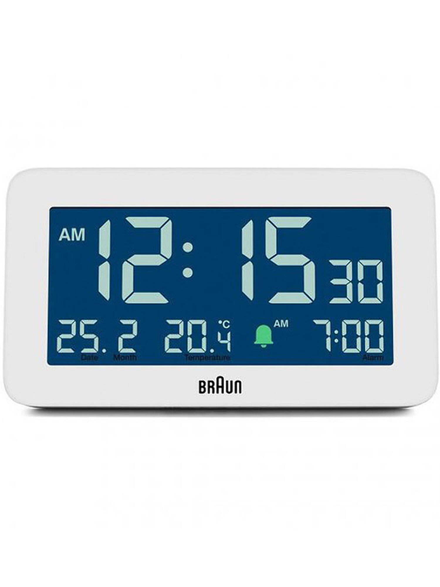 Braun Digital Alarm Clock with Date, Month and Temperature Displayed, Negative LCD Display, Quick Set, Crescendo Beep Alarm in White, model BC10W.