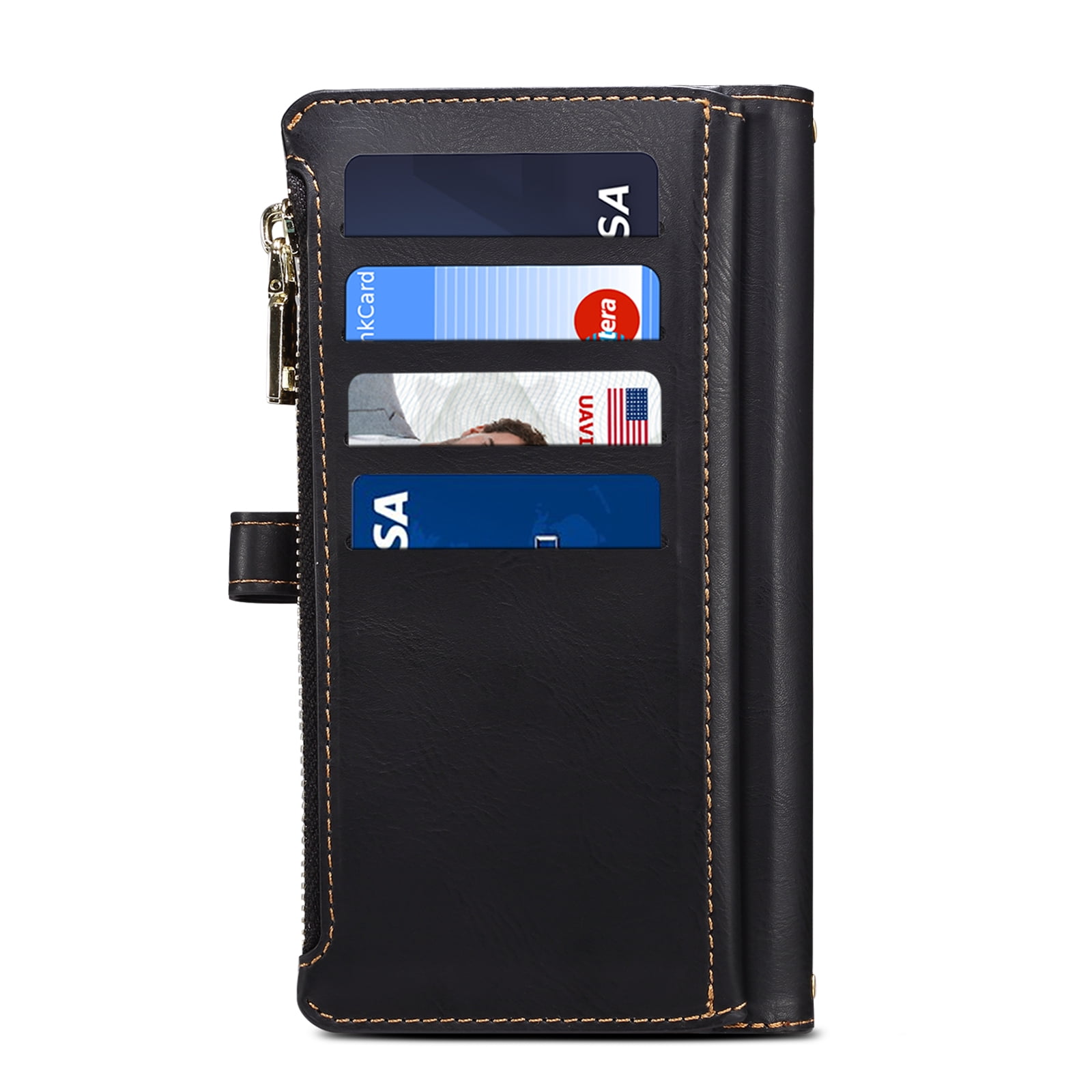 Dteck Wallet Case for iPhone 13 6.1 Inch, Leaf Pattern Luxury PU Leather RFID Blocking Card Slots Holder Zipper Pocket Flip Case with Kickstand Magnetic Crossbody Strap Phone Cover,Black