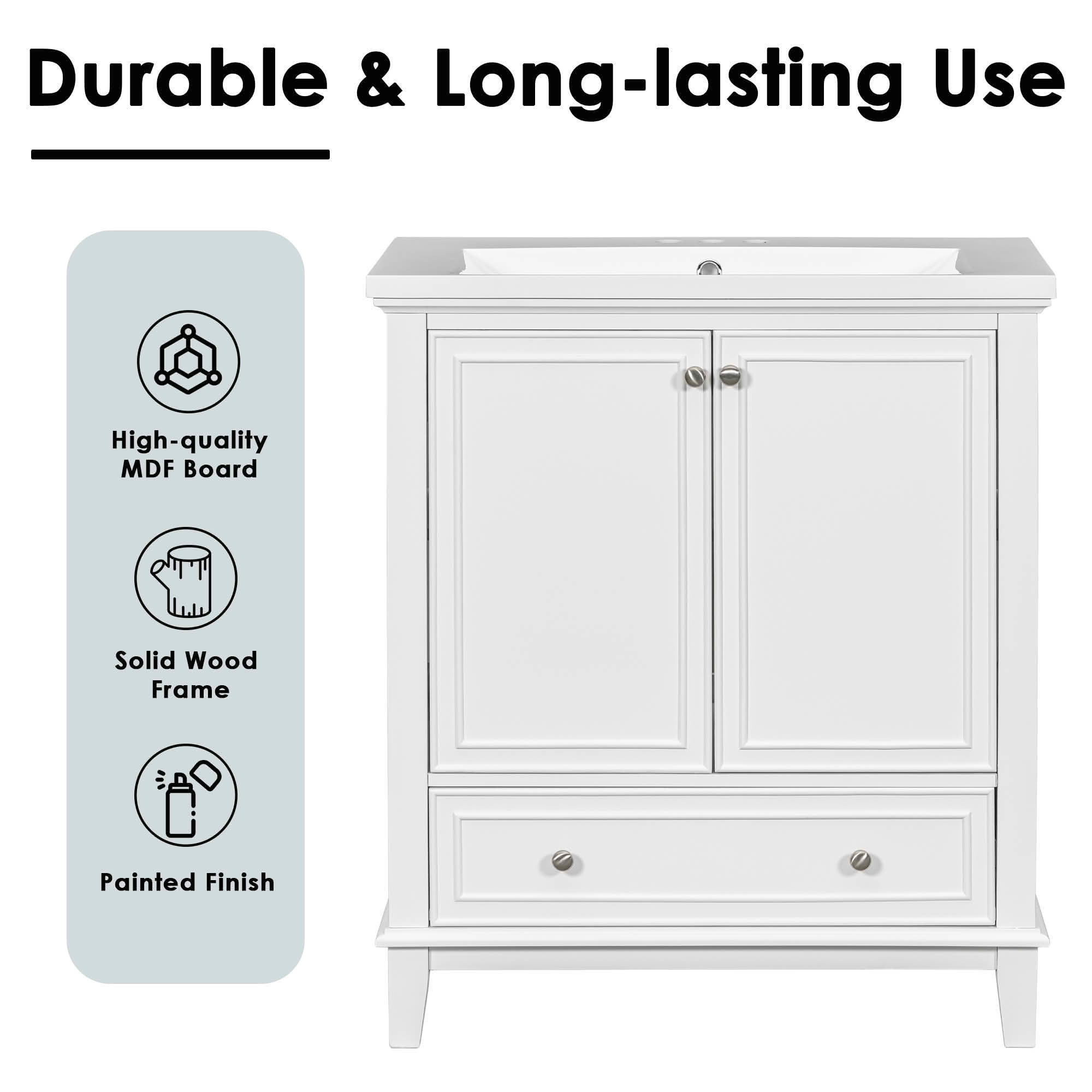 MAYEERTY 30" Bathroom Vanity with Sink Multi-functional Cabinet Doors Drawer Solid Frame MDF White