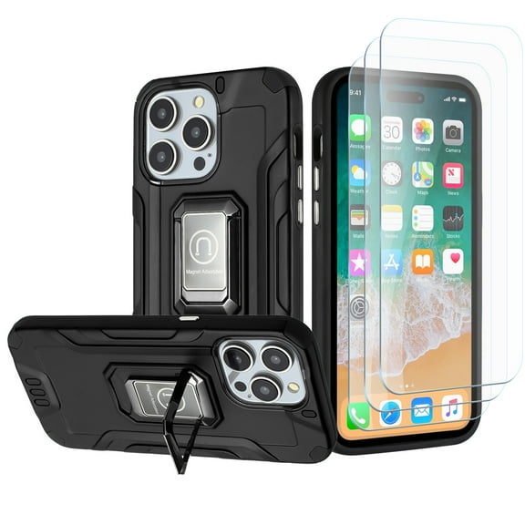 Designed for Apple iPhone 15 /6.1" Tough Metallic Hybrid Ring Kicstand   3x Screen Protector, Heavy Duty TPU   PC Shockproof Rugged Phone Case Cover [Black]