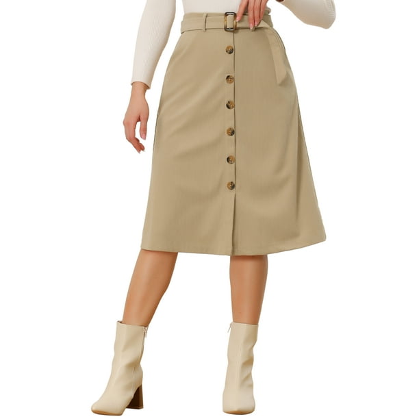 Falda de pana de mujer Inspire Chic, de cintura alta, con botones en la parte delantera, con cinturón, midi, color caqui, talla XL
