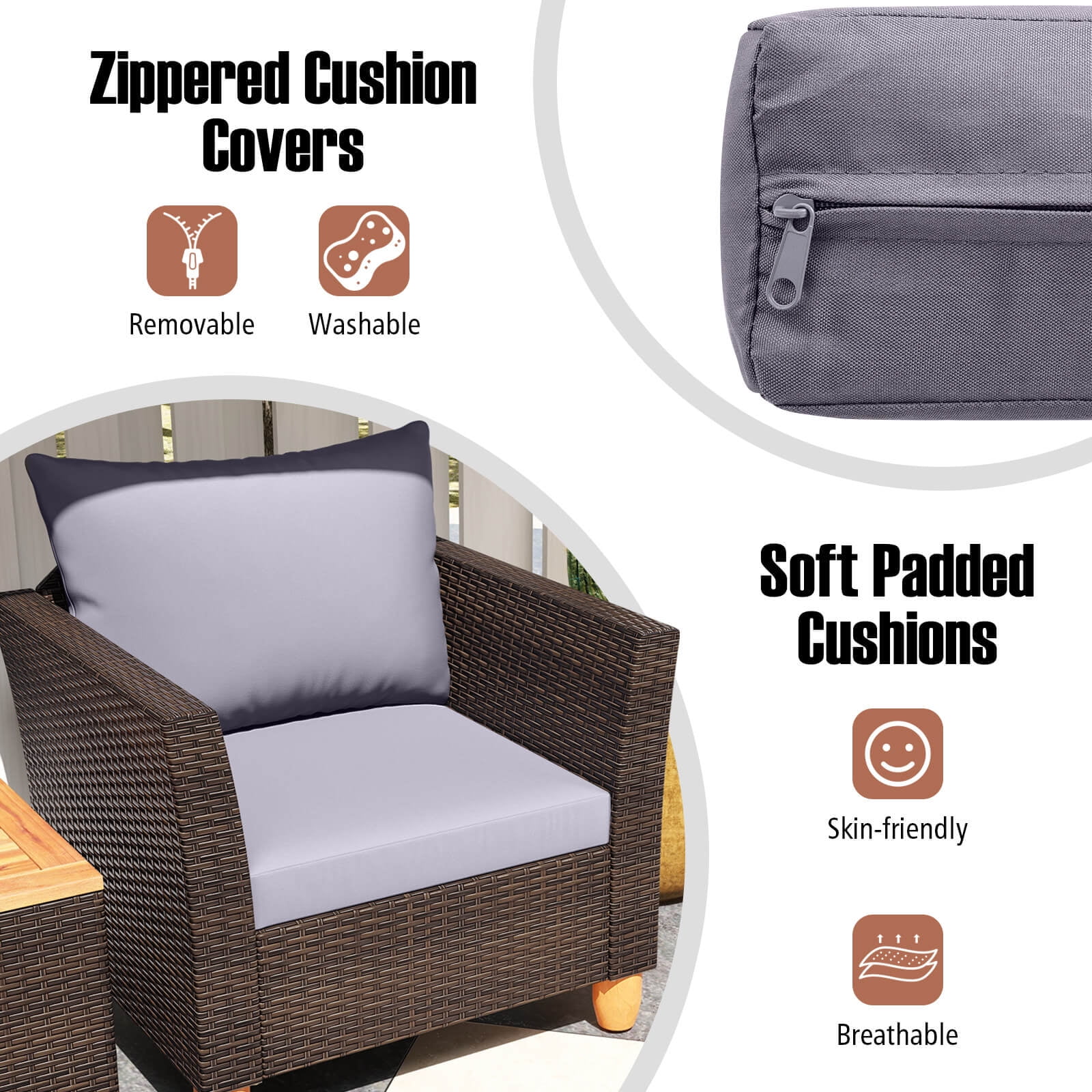 Costway 3 PCS Outdoor Patio Rattan Bistro Furniture Set Wooden Table Top Cushioned Sofa Gray