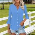 thumbnail image 4 of Craaazy Women's Relaxed Fit V Neck Blouse, Solid Color 3/4 Sleeve Flare Cuff Top, Loose Comfy Button Accent Casual Tee for Spring & Summer Gifts, 4 of 7
