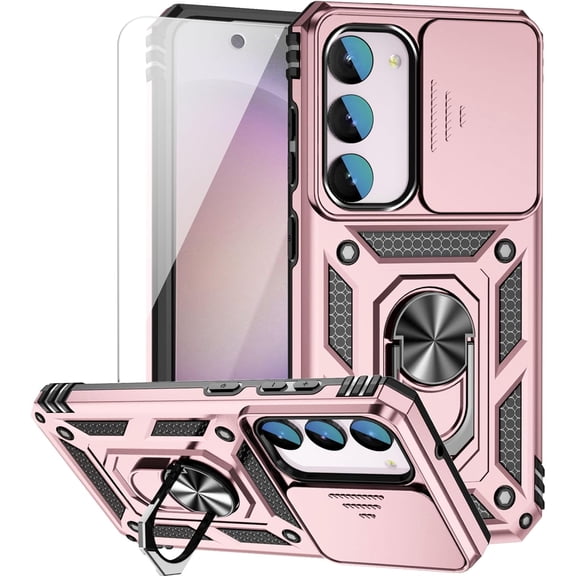 for Samsung Galaxy S23 FE Case with Slide Camera Cover HD Screen Protector [Military Grade 16ft. Drop Tested] Magnetic Ring Holder Kickstand Protective Phone Case for Galaxy S23 FE 5G 2023, Rose Gold