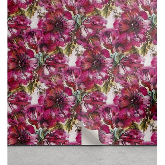 Ambesonne Flowers Vintage Peel & Stick Wallpaper for Home, Romantic Hibiscus, 13"x36", Hot Pink Olive Green