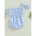 thumbnail image 3 of Hirigin Newborn Baby Girl Bubble Romper Summer Clothes 0 3 6 12 18 Months Ruffle Sleeve Crewneck Plaid Playsuit with Headband, 3 of 8