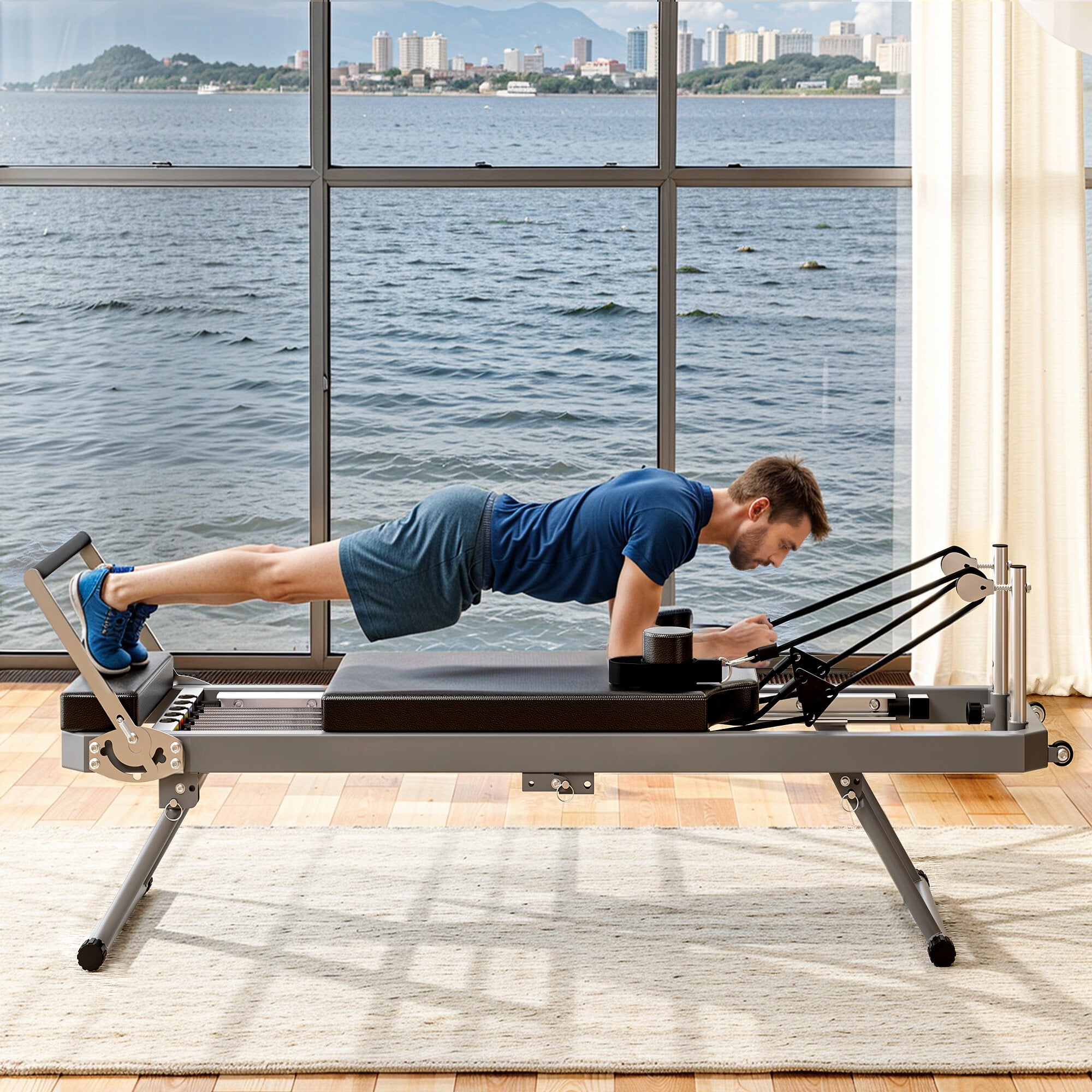 Exercise Equipment Extra Large Pilates Reformer - Multi-functional Home Fitness Equipment, 395lbs Capacity, with Dynamic Resistance Cords and Aerobic Rebounder, Improves Posture, Builds Strength, Red