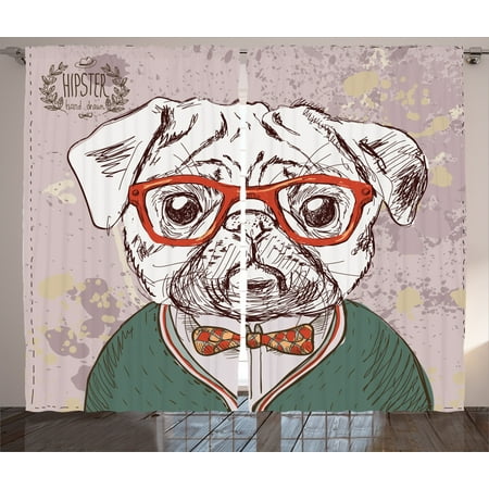 Dog Lover Decor Curtains 2 Panels Set, Vintage Illustration Of Old Hipster Pug Dog With Red Glasses And Bow Master Of Professor, Living Room Bedroom Accessories, By (Best Window Treatment For Master Bedroom)
