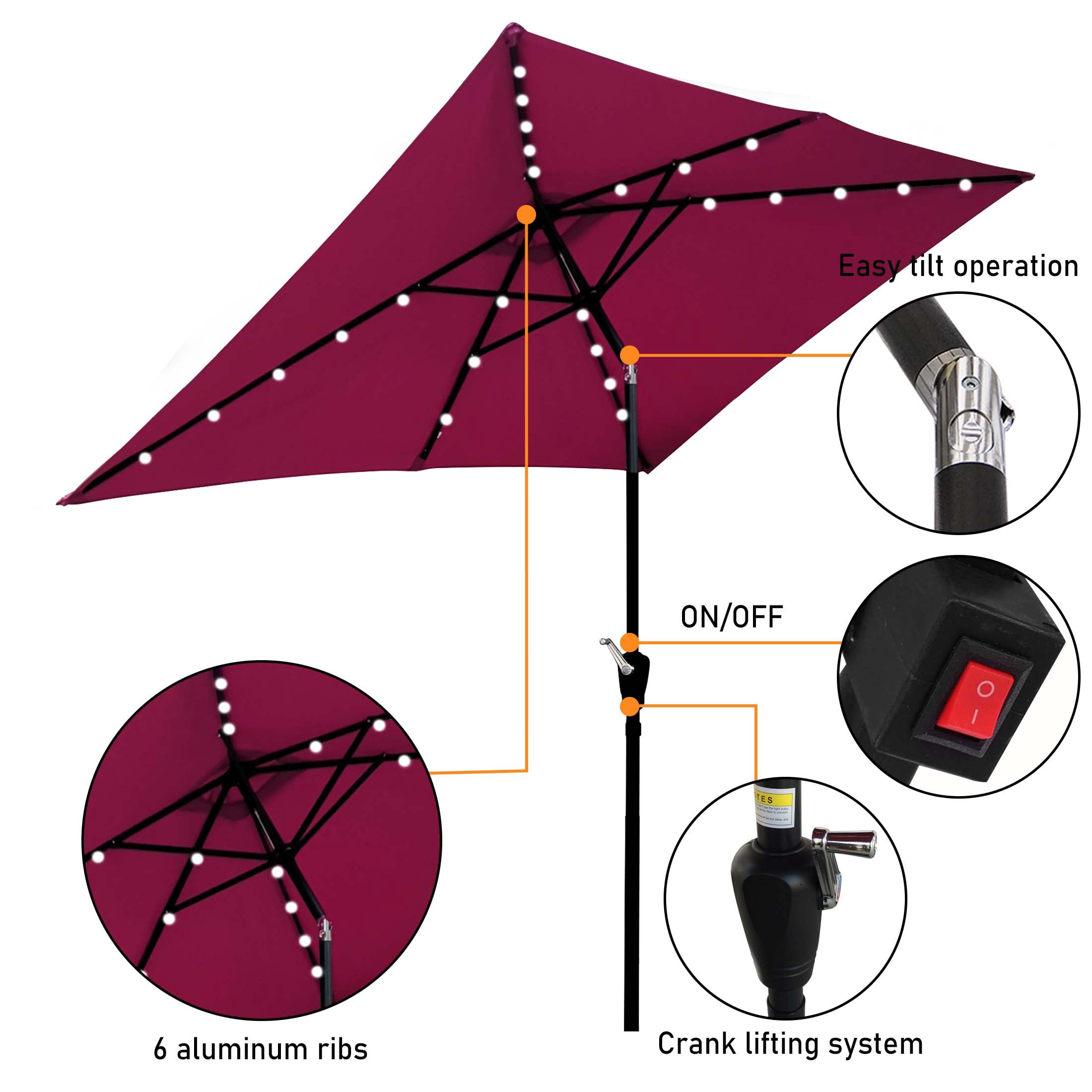 Aukfa 10 x 6.5ft Rectangular Patio Solar LED Lighted Outdoor Umbrellas for Market Beach Pool - Rose
