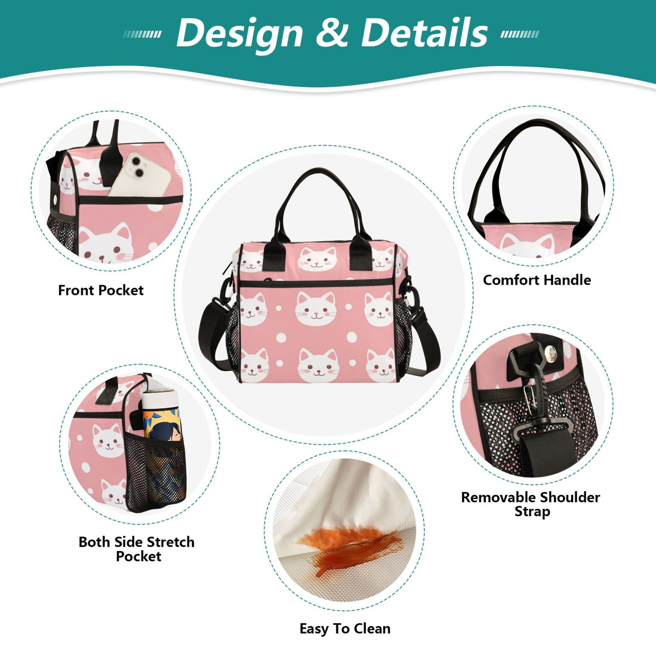WOBOGO Kawaii Cat Face Pattern Lunch Bag Large Capacity Leak Proof Insulation Soft Adult Men and Women Universal 11.8×11.4×6.2in