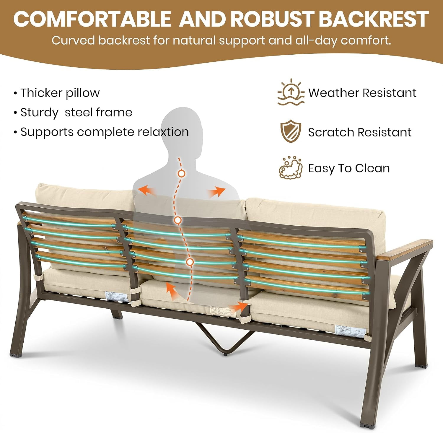 6-Piece Outdoor Patio Seating Set with Ottomans, Steel Frame Sofa & Acacia Wood Coffee Table, Beige Cushion
