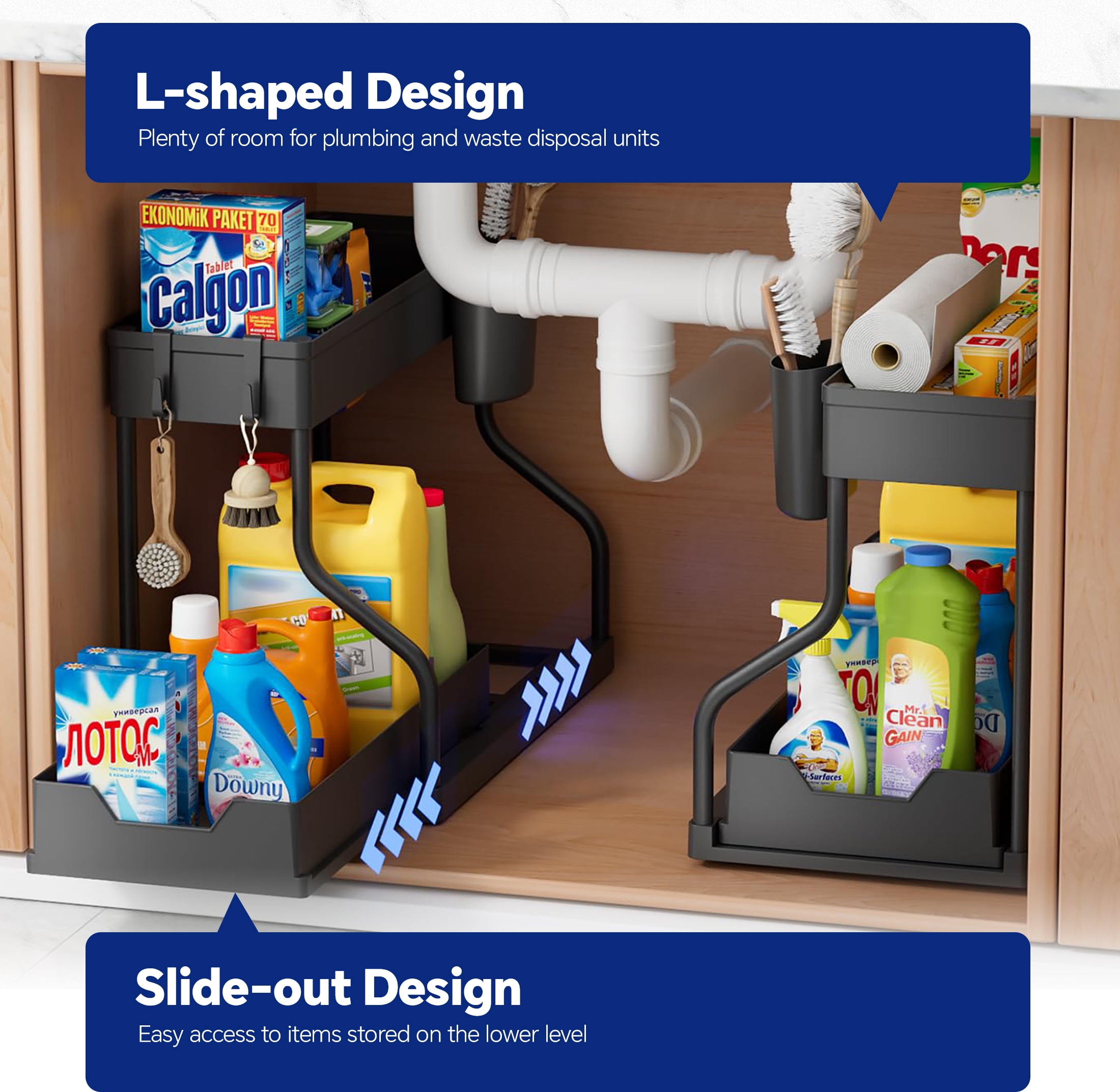 HIOHA 2-Pack 2-Tier Under Sink Pull-Out Cabinet Organizer for Kitchen and Bathroom, L-Shaped Narrow Space Shelves