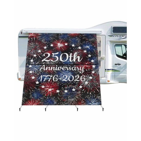 4th of July RV Awning Sun Shade Screen 9'X7' 250th Anniversary Mesh Sunscreen Patriotic Stars Fireworks Awning Shade Screen with Zipper UV Blocker Completed Kits for RV Motorhome Camper