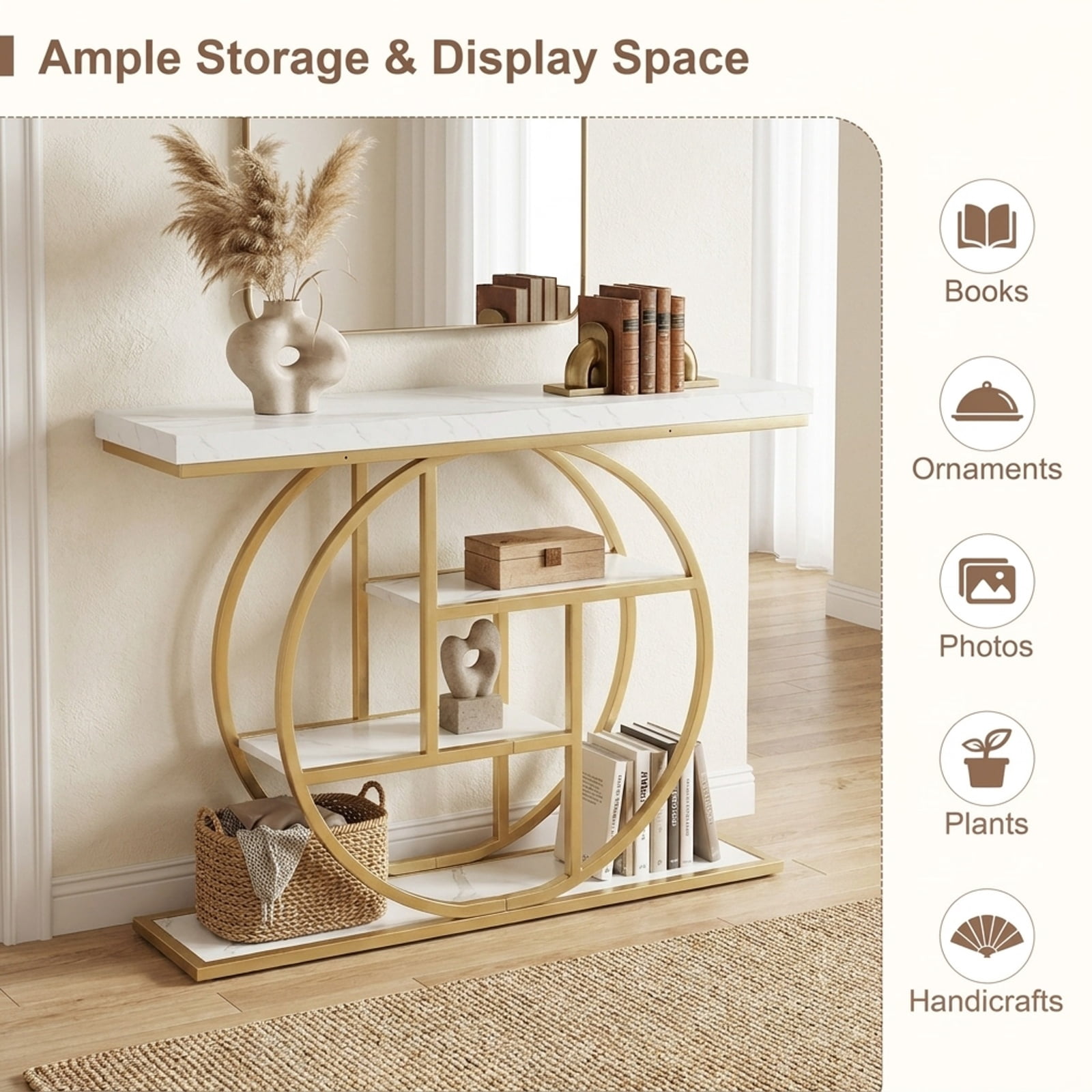 Furnibear 41 Inch 4-Tier Console Table with Storage Shelves and O-Shaped Metal Frame for Entryway Hallway Living Room and Behind Sofa, White
