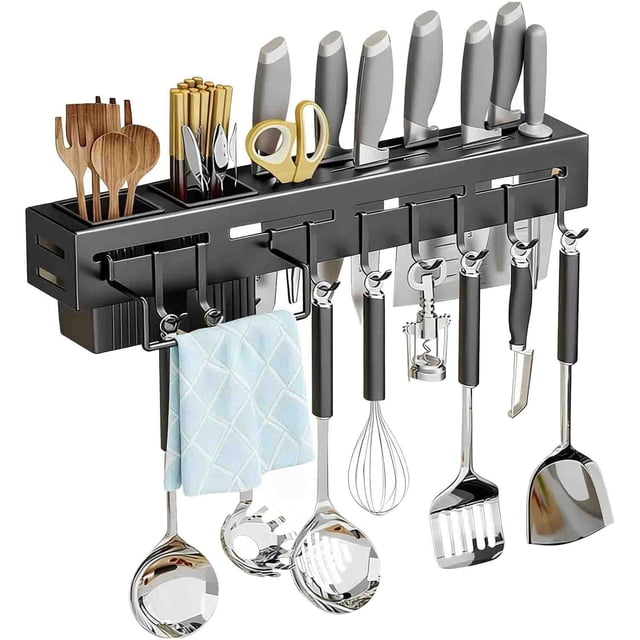 Soporte para Cuchillos y Utensilios, Porta Cuchillos, Soporte para Cuchillos Pared Cocina, con 8 Ganchos, Puede Acomodar Cuchillos, Paños, Cucharas, Espátulas, Abrebotellas
