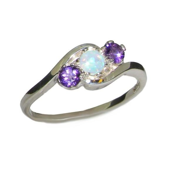 LBG British Made 10k White Gold Natural Opal & Amethyst Womens Trilogy Ring - 33 size options - Size 10