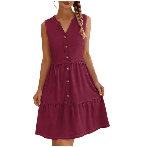 GUACER Womens Sleeveless Sundress Button V Neck Mini Dresses Summer Casual Loose Tiered Beach Dress