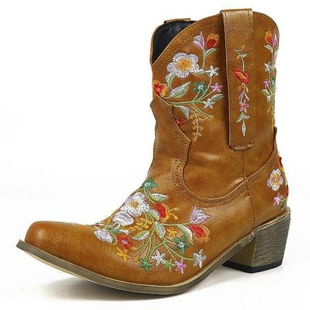 

Penkiiy Women s Ankle Boots Retro Pointed Toe Chunky Mid Heel Embroidered Western Cowgirl Cowboy Boots 36 Yellow