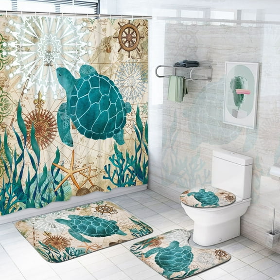 Ikfashoni Sea Turtle Bathroom Sets, Teal Nautical Shower Curtains set  and Bath Rug Set and Toilet Lid Cover