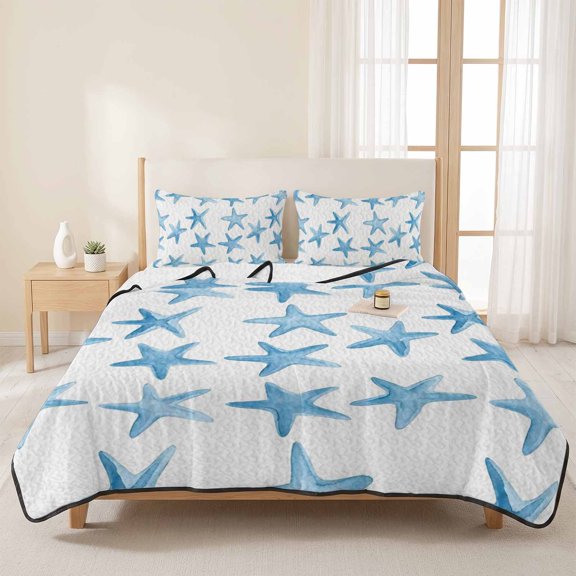 3 Pieces Queen Quilt Set,Marine Blue Starfish Seamless Soft Bedding Sets with 1 Quilt & 2 Pillow Shams,Coastal Ocean Creature Summer Bedspread Lightweight Coverlet Comforter