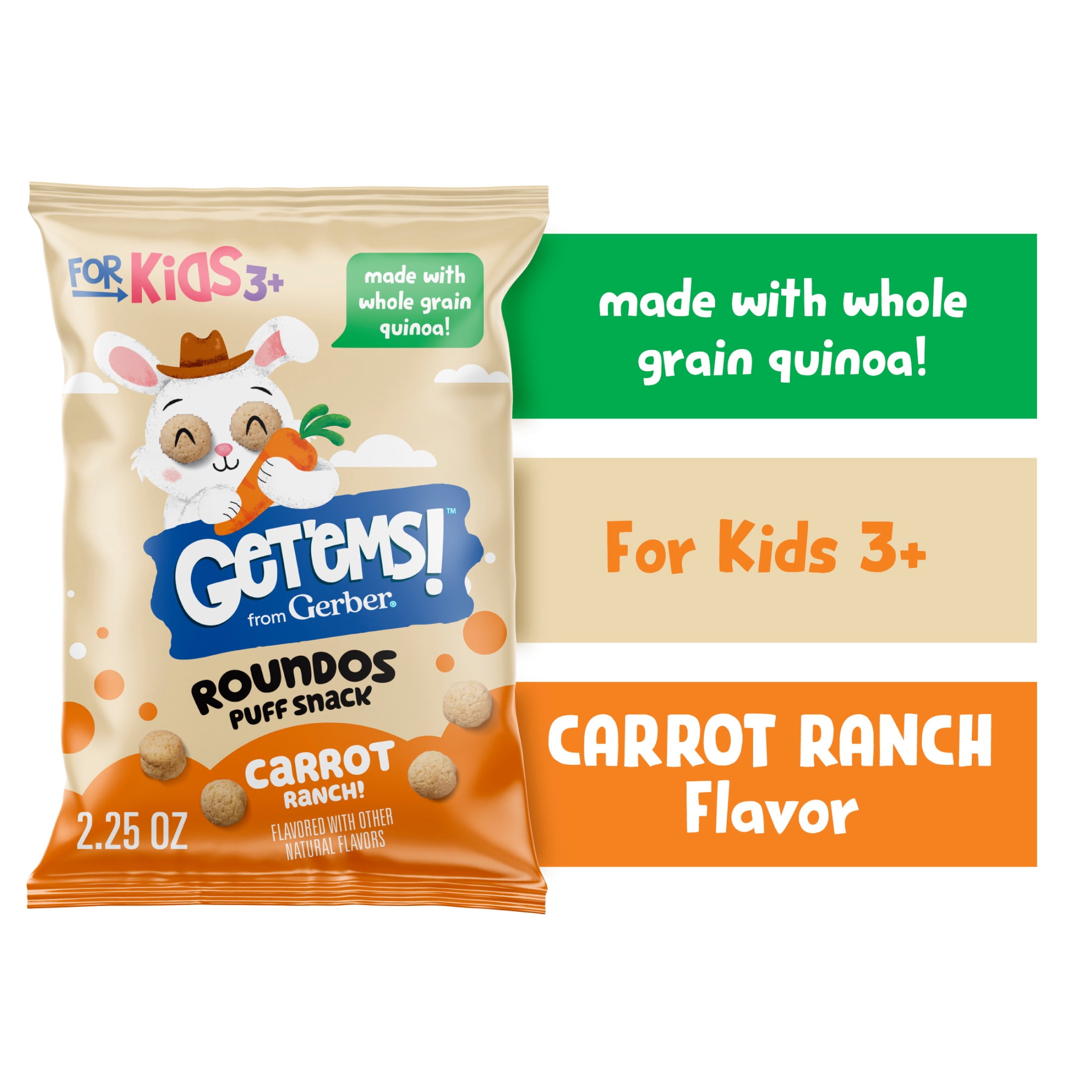 (2 pack) Get'ems from Gerber Carrot Ranch Roundos Puffs Snacks, Kids Snack Made with Whole Grain Quinoa, Calcium to Support Strong Bones 2.25 oz